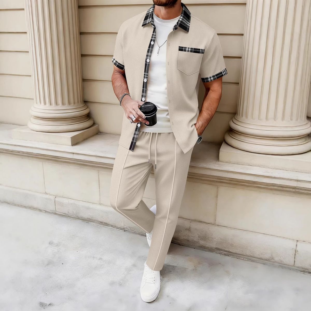 Men's Casual Suit Short Sleeved Pocket Cardigan Shirt And Trousers Waffle Plaid Color Blocked_viptrois.com