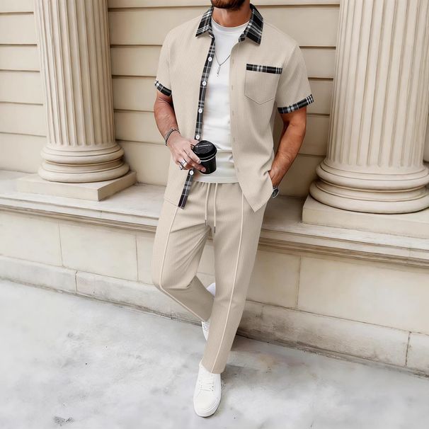Men's Casual Suit Short Sleeved Pocket Cardigan Shirt And Trousers Waffle Plaid Color Blocked_viptrois.com
