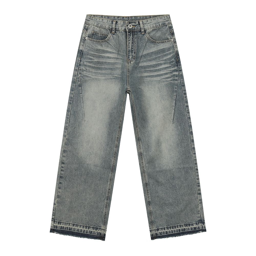 Men's Clothing Retro Distressed Raw Edge Design High Street Versatile Casual Straight Loose Jeans Trend_viptrois.com