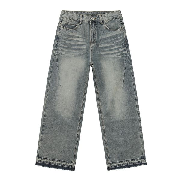 Men's Clothing Retro Distressed Raw Edge Design High Street Versatile Casual Straight Loose Jeans Trend_viptrois.com