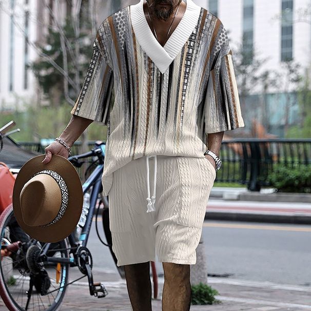 Technology 3D Printed Casual Knitted Shorts Summer Short Sleeve Loose Drop Shoulder Large V-neck T-shirt Men_viptrois.com