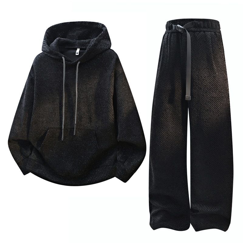 "Men's College Style Hooded Sweatshirt Set – Loose Fit Casual Cardigan & Pants – Black/Gray/White"_viptrois.com