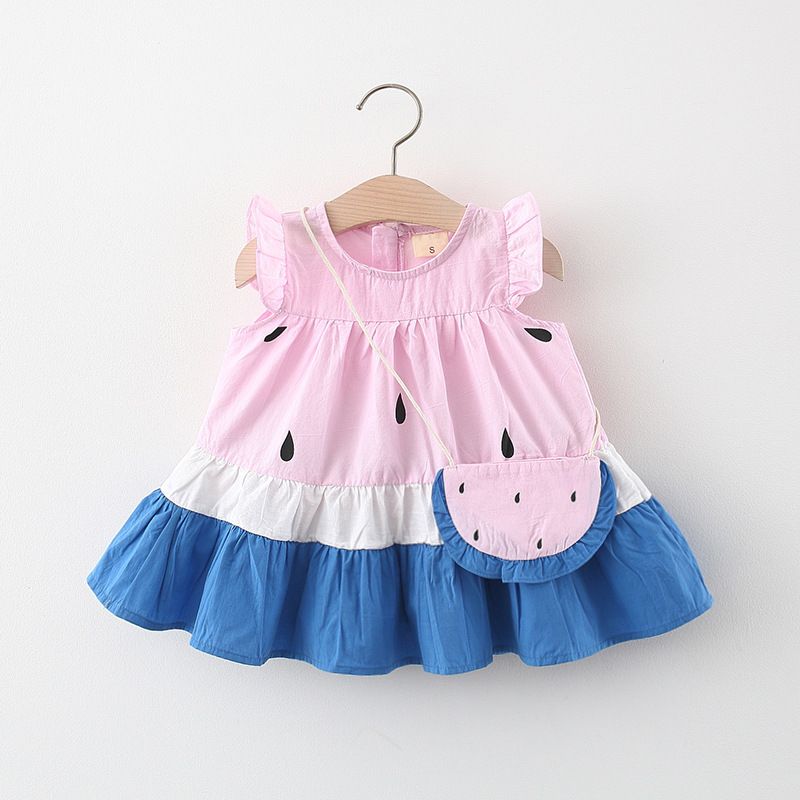Summer Girls Dress New Children's Clothing Cute Round Neck Small Flying Sleeves Splicing Cake Skirt Sweet Contrast Color Vest Skirt_viptrois.com