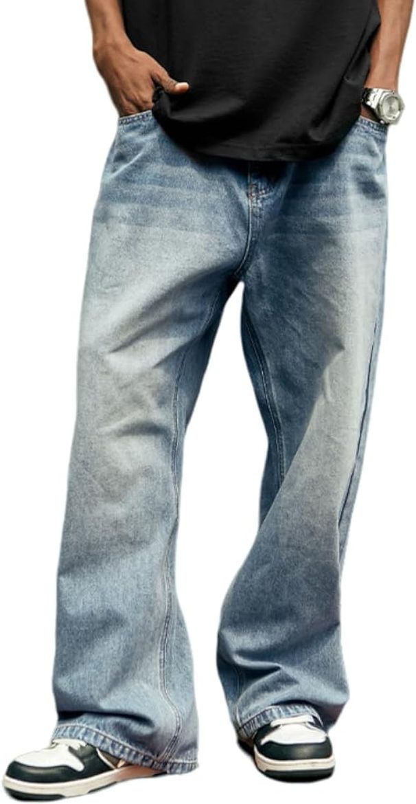 Mens Baggy Jeans Vintage Plain Pants Casual Wide Leg Loose Fit Denim Hip Hop Jean_viptrois.com