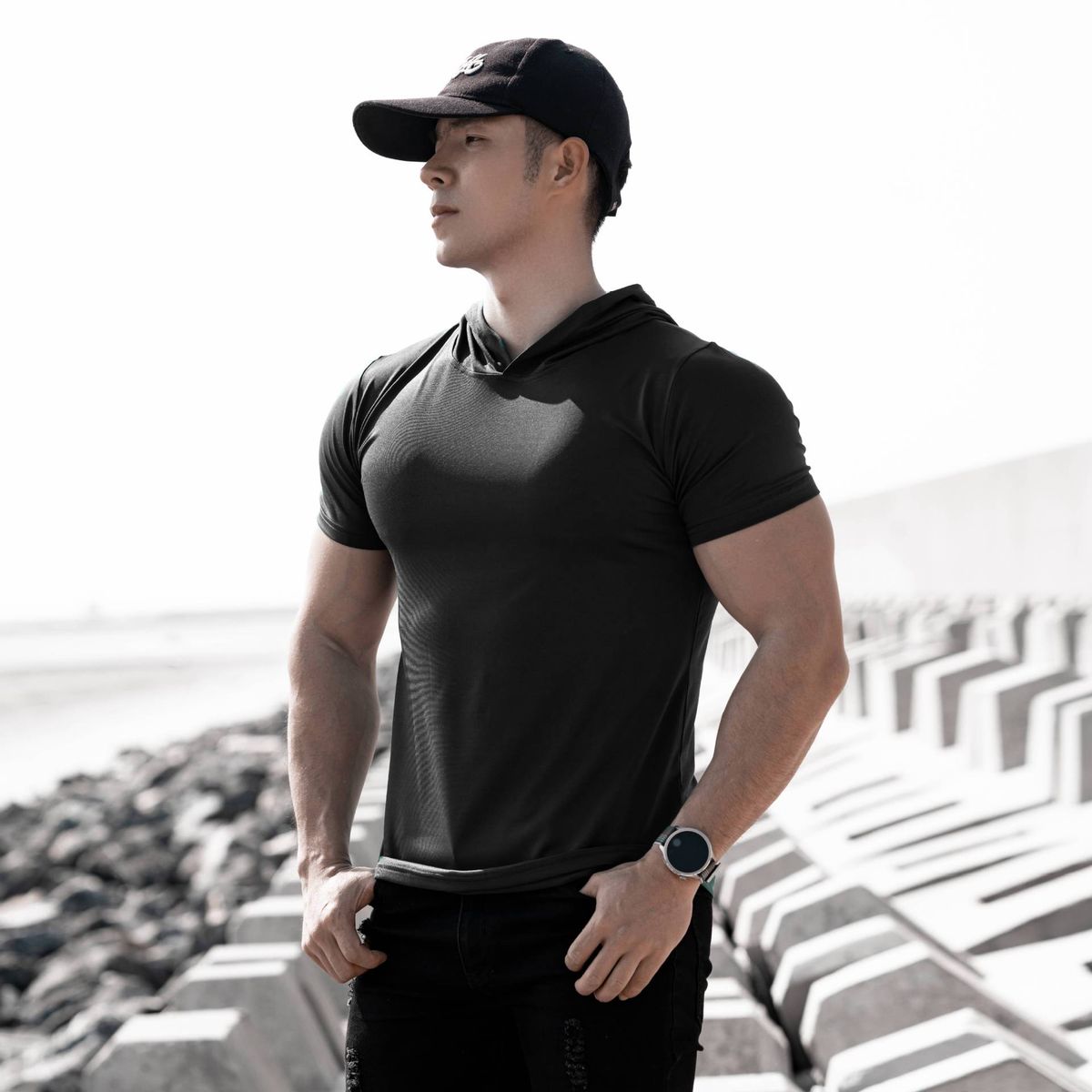 Men's Clothing Spring And Summer New Fitness Leisure Sports Running Exercise Solid Color Quick Drying Elastic Hooded Slim Short Sleeved T Shirt_viptrois.com