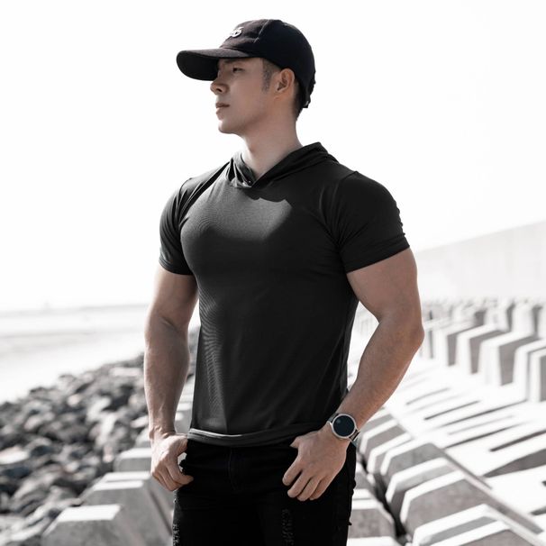 Men's Clothing Spring And Summer New Fitness Leisure Sports Running Exercise Solid Color Quick Drying Elastic Hooded Slim Short Sleeved T Shirt_viptrois.com