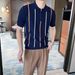 Men's Clothing Summer New Short Sleeved Sweater Vertical Stripes Half Zip Polo Shirt Collar Business T Shirt_viptrois.com