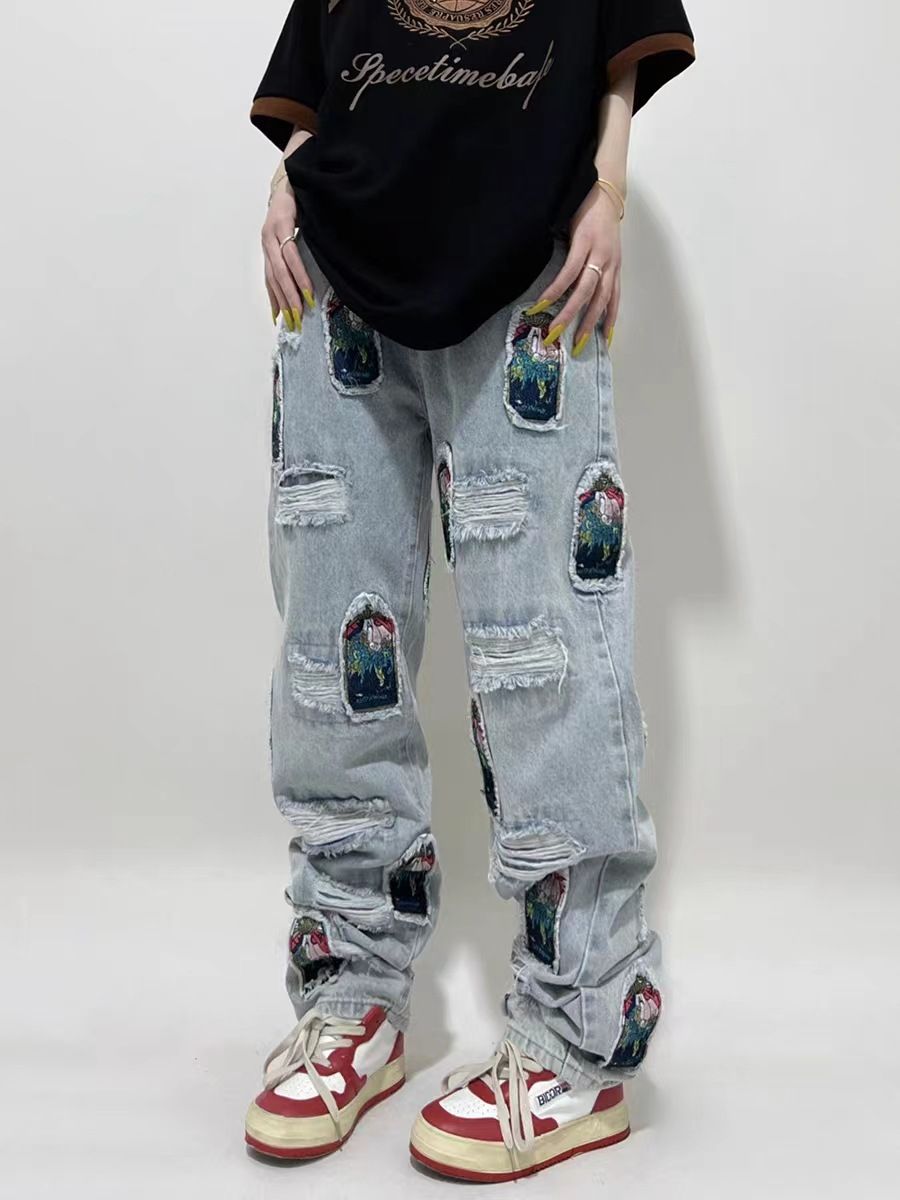 Man's clothing Hipster ripped patch jeans men's loose straight leg heavy pants_viptrois.com