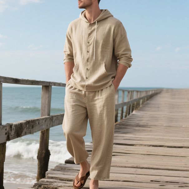 Men's Linen Hooded Shirt & Long Pants Set - Relaxed Fit, Breathable Fabric, Casual Beachwear For Spring & Summer_viptrois.com