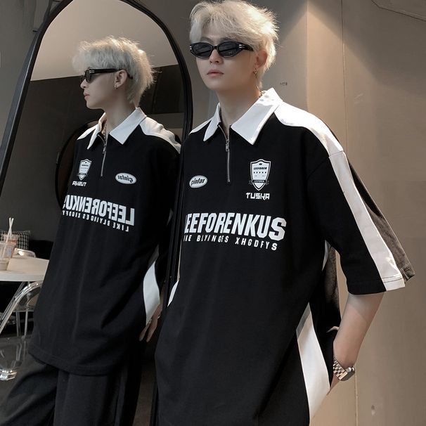 2025 Men's Short-sleeve Polo Shirt, Japanese Retro Half-sleeve T-shirt, Trendy American High Street Heavy-duty_viptrois.com