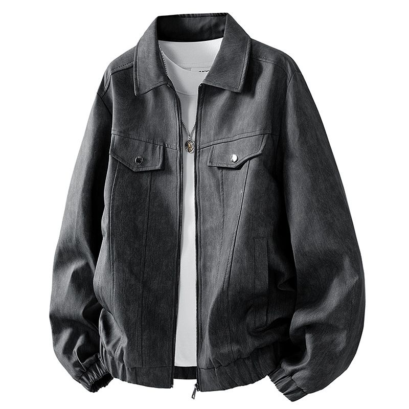 Men’s Vintage Suede-Look Jacket – Retro Biker Style (M-3XL, Lightweight Polyester, Stand Collar, Charcoal/Black/Khaki)_viptrois.com
