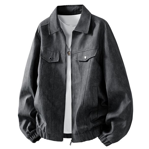 Men’s Vintage Suede-Look Jacket – Retro Biker Style (M-3XL, Lightweight Polyester, Stand Collar, Charcoal/Black/Khaki)_viptrois.com