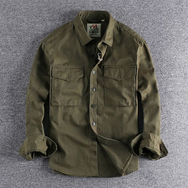 Otoño Nuevo 204 Camisa De Trabajo De Color Sólido Lavado Retro Caqui Chaqueta Suelta De Tendencia De Bolsillo Tridimensional Para Hombres_viptrois.com