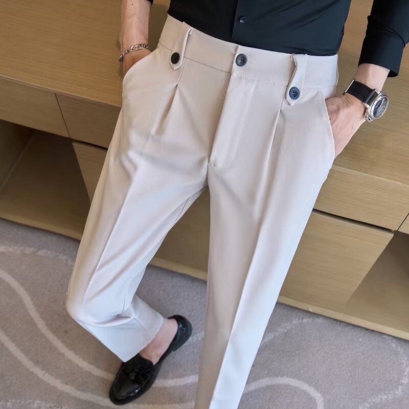 Spring And Summer New Men's Suit Pants Men's Solid Color Non-ironing Casual Pants Commuting To Work Slim-fitting Solid Color Nine-point Pants_viptrois.com