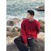 Anchor Red Fleece-Lined Sweater For Men, Autumn And Winter Christmas Atmosphere, Cable Knit Loose Round Neck Jacket_viptrois.com