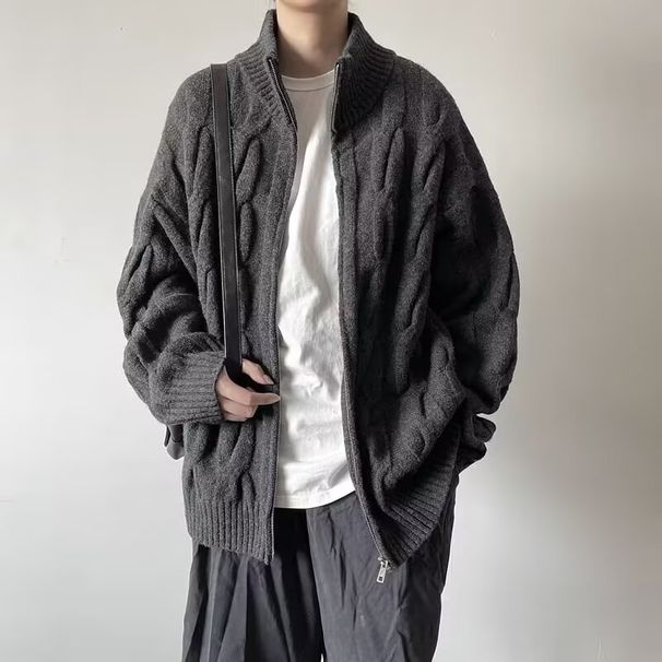 Autumn And Winter Fried Dough Twists Zipper Cardigan Sweater Men's Warm Outer Casual Knitting Coat_viptrois.com