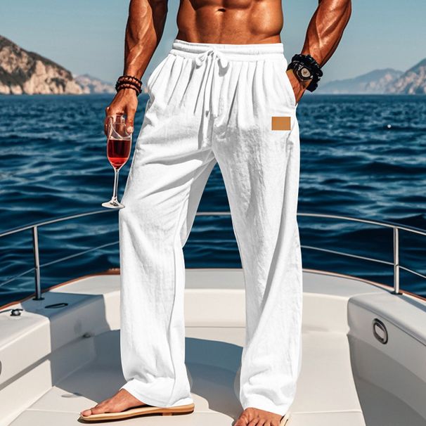 Men's Cotton Linen Straight Trousers mid Waist Casual Pants Lace up Drawstring Black Solid Color Spring Autumn Seasonal Wear_viptrois.com