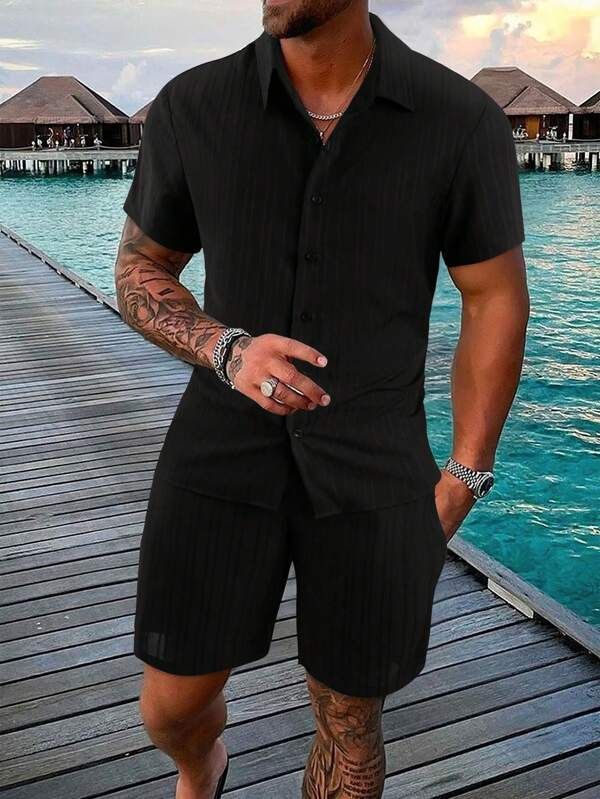 Men's Clothing Summer Men's Clothing Two Piece Suit Casual Loose Shirt Short Sleeved Shorts Beach Suit_viptrois.com