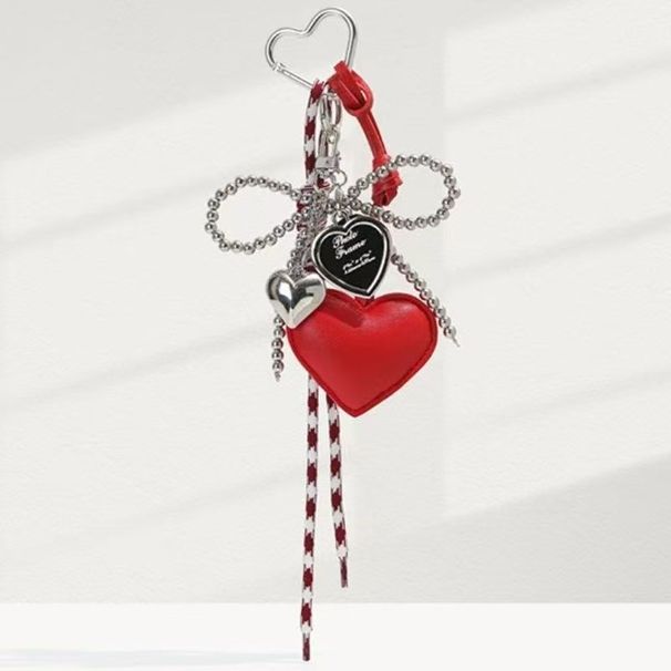 Cute Girlish Silver Bead Bow Miu Bag Pendant Leather Heart Super Beautiful Keychain Pendant_viptrois.com