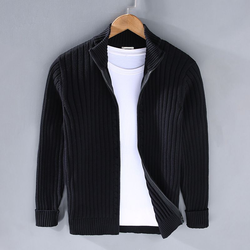 Men's Zip-Up Knit Sweater – Stretchy Cotton, Loose Fit, High Collar, Casual & Warm Pullover (Black, Grey, Navy)_viptrois.com