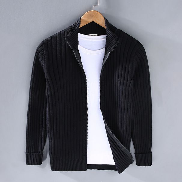 Men's Zip-Up Knit Sweater – Stretchy Cotton, Loose Fit, High Collar, Casual & Warm Pullover (Black, Grey, Navy)_viptrois.com