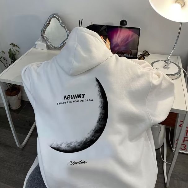 Pure Men's Hooded Sweatshirt With Moon Print, New Autumn Trendy Loose Fit American Style Klein Blue Jacket_viptrois.com