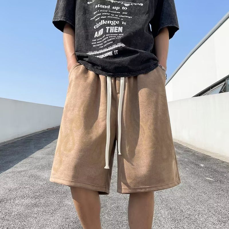 Loose Fitting Five Point Shorts Hip Hop Sporty Style with Flame And Letter Print Casual Elastic Trendy Men's And Women's Bottoms_viptrois.com