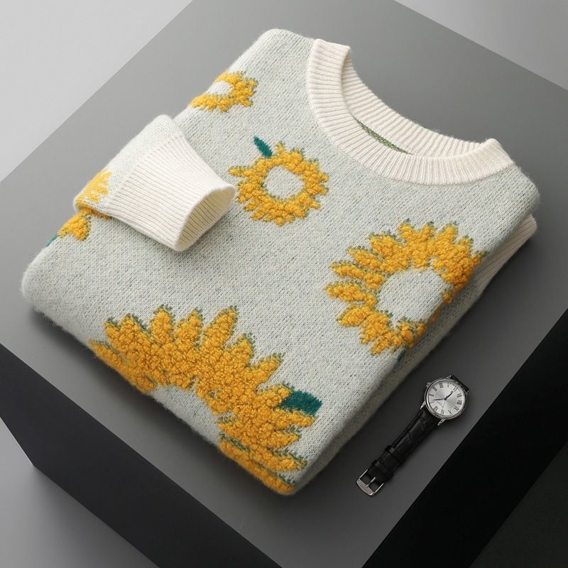 Men's Sunflower Jacquard Wool Sweater | Autumn Winter Thick Knit Pullover | Oversized Round Neck Long Sleeve Jumper (White/Black/Light Grey)_viptrois.com