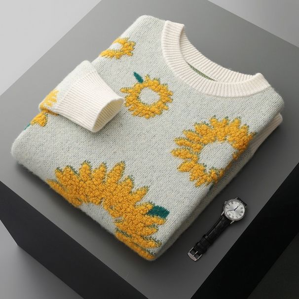 Men's Sunflower Jacquard Wool Sweater | Autumn Winter Thick Knit Pullover | Oversized Round Neck Long Sleeve Jumper (White/Black/Light Grey)_viptrois.com