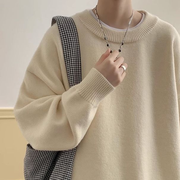 New solid color pullover sweater for men in autumn, simple and versatile, loose round neck knit sweater, casual top_viptrois.com