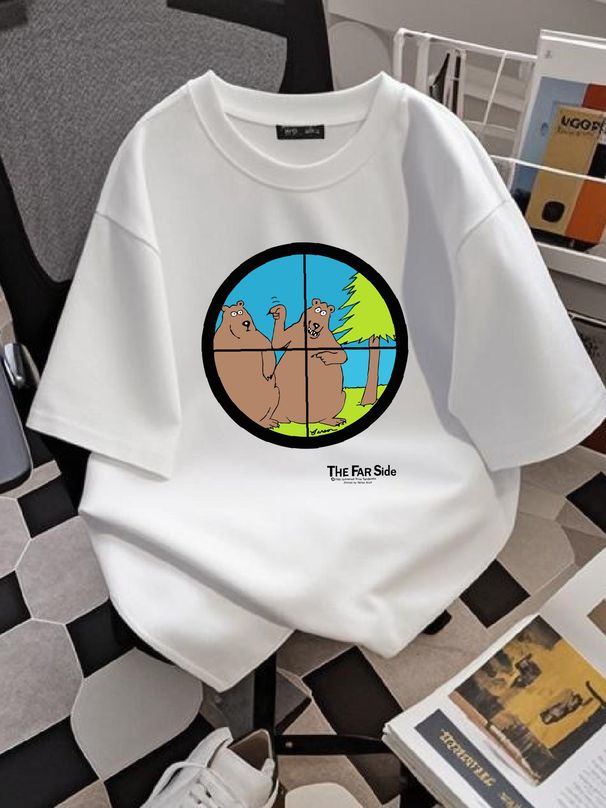 80s The Fars Side Comic Strip Gary Larson Funny Bear Hunting T Shirt Medium Streetwear Top For Everyday Wear Versatile Slightly Casual Fashion_viptrois.com
