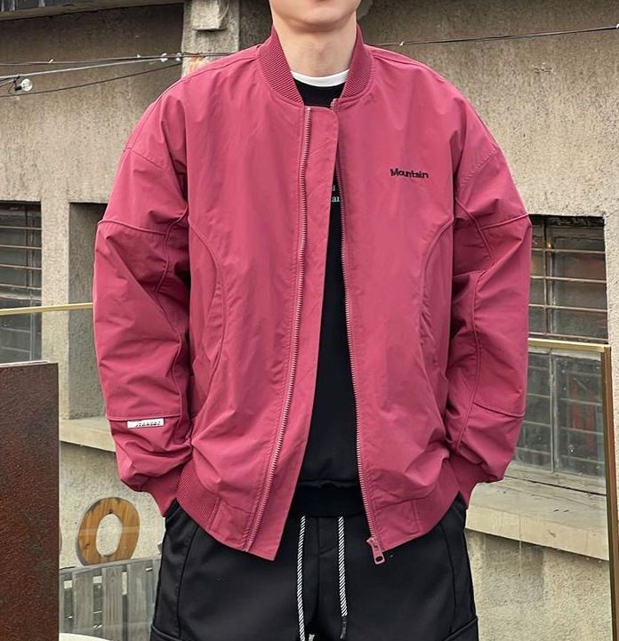 Men's Casual Baseball Jacket With Stand Collar - Stylish Loose Fit Cotton Blend Windproof Coat For Spring & Autumn (Red, Green, Black)_viptrois.com