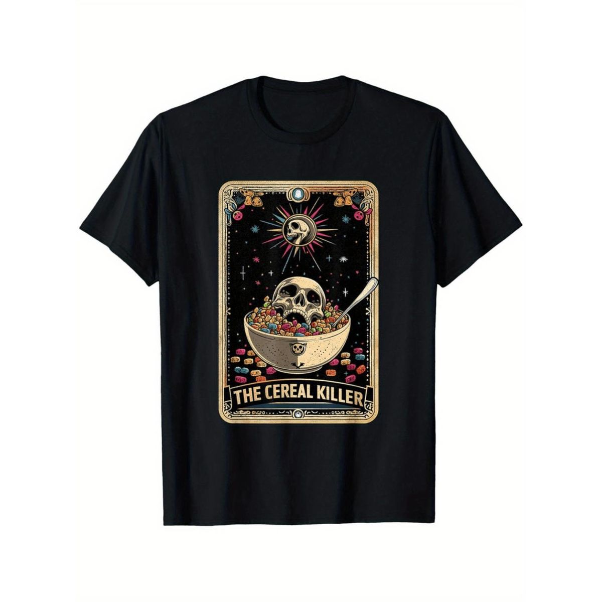 Camiseta Tarot Esqueleto Divertido Con Gráfico De Calavera Cósmica Y Cereal En Estilo Retro Perfecta Uso Casual Para_viptrois.com