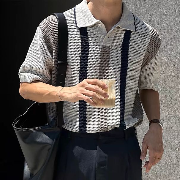 Men's Clothing Summer Breathable Hollow Vertical Stripes Color Matching Knitted Polo Shirt Version Of Light Mature New Design Lapel Short Sleeve Men_viptrois.com
