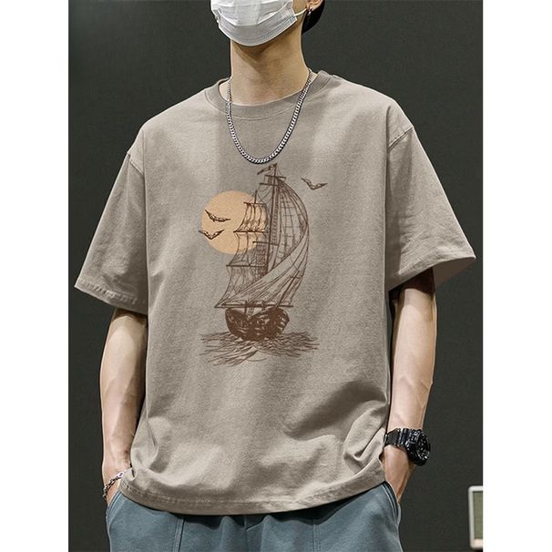 Retro American Short-sleeved T-shirt Men's 2026 New Khaki Casual Loose Summer Cotton Half-sleeved Clothes Top_viptrois.com
