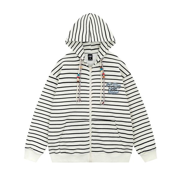 Striped Hooded Jacket American Style Loose Fit Men's Vibe Trendy Brand Versatile Casual Zipper Cardigan Sweatshirt_viptrois.com