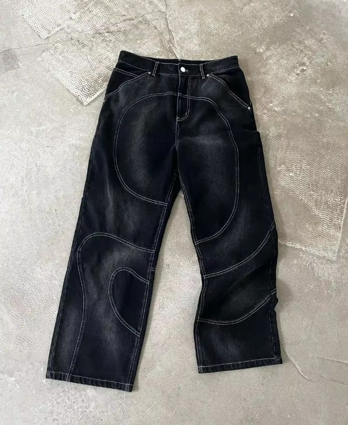 Men's Clothing Line Stitching Jeans Men's High Street Design Loose Embroidered Jacket Gothic Style Suit_viptrois.com