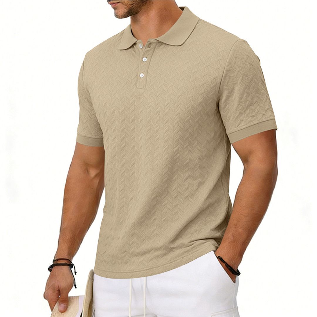 Men's Heavyweight Textured Jacquard Polo Shirt, Relaxed Fit Short Sleeve Top For Casual & Streetwear Looks_viptrois.com