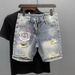 Men's Clothing Summer Thin Fashion Ripped Patch Denim Shorts Men's Trendy Brand All Match Cat Whisker Distressed Beggar Five Point Pants_viptrois.com