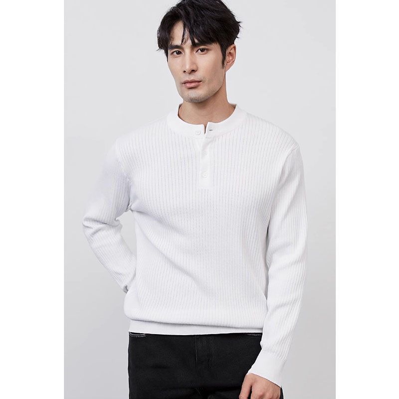 Men's Henley Collar Knit Sweater – Lightweight, Business Casual, Long Sleeve (M-XXXL, White/Black/Green/Apricot)_viptrois.com