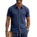 Men's Linen Blend Short Sleeve Shirt, Casual Multi-Pocket Camp Collar Shirt For Summer Outdoor Travel_viptrois.com