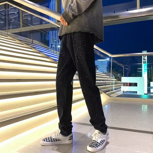 Men's Clothing Black hot diamond starry sky jeans men's same style slim fit trendy brand student casual nine point pants _viptrois.com