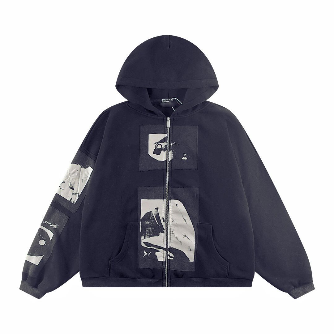 Illustration Sticker Zipper Washed Old Loose Hooded Cardigan Sweater Men_viptrois.com
