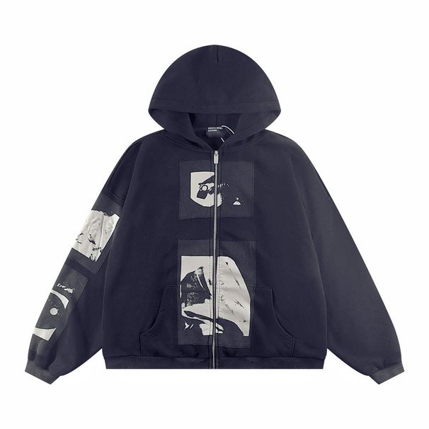 Illustration Sticker Zipper Washed Old Loose Hooded Cardigan Sweater Men_viptrois.com