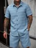 Men's Summer Jacquard Shirt & Shorts Set – Breathable Poly-Cotton Blend, Short-Sleeve Casual Outfit (Turmeric/White/Lake Blue, Sizes M-XXXL_viptrois.com