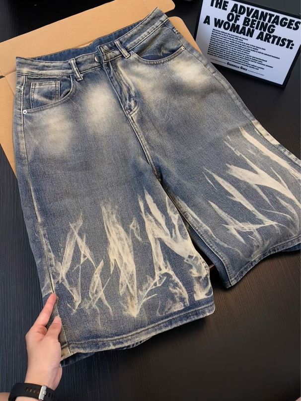 Unisex American Style Hip Hop Lightning Bolt Pattern Denim Capri Shorts Retro Washed Loose Wide Leg Cross Border Men's Clothing_viptrois.com