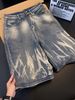 Unisex American Style Hip Hop Lightning Bolt Pattern Denim Capri Shorts Retro Washed Loose Wide Leg Cross Border Men's Clothing_viptrois.com