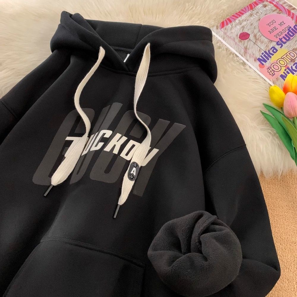 Autumn And Winter Retro Fleece Hoodie, Niche Top, Printed Loose Hoodie For Outerwear_viptrois.com