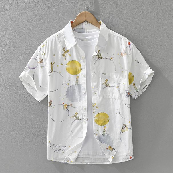 Cartoon Printed Fresh Short Sleeved Shirt For Men, Fashionable And Versatile, Artistic And Casual Loose Top_viptrois.com