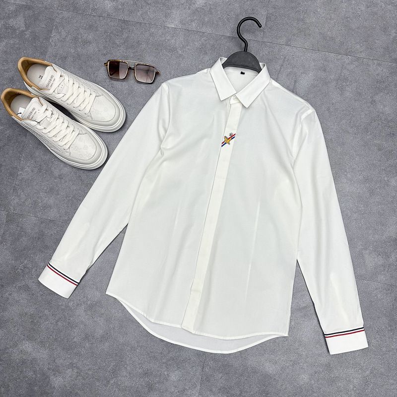 Men's Clothing Long Sleeve Shirt Business Slim Fit Hummingbird Embroidered Shirt Black And White Simple Shirt_viptrois.com
